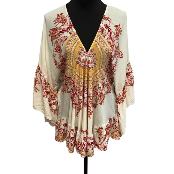 Free People Tops - Free People S Cream Orange Boho Bell Sleeve Tunic Top Festival Rayon